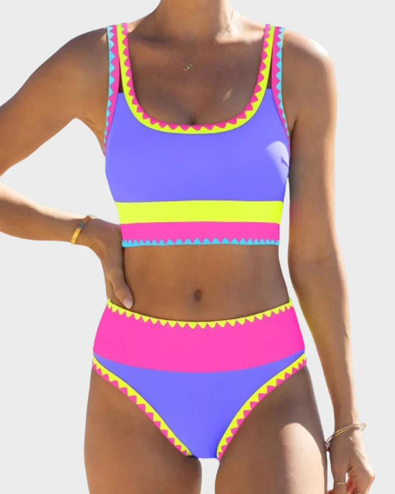 Color Contrast Patchwork Nylon Sporty 3 Piece Bikini Sets - Image 13