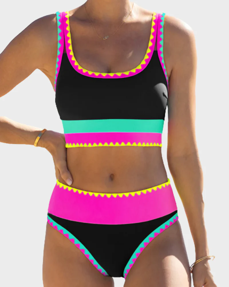 Color Contrast Patchwork Nylon Sporty 3 Piece Bikini Sets - Image 15