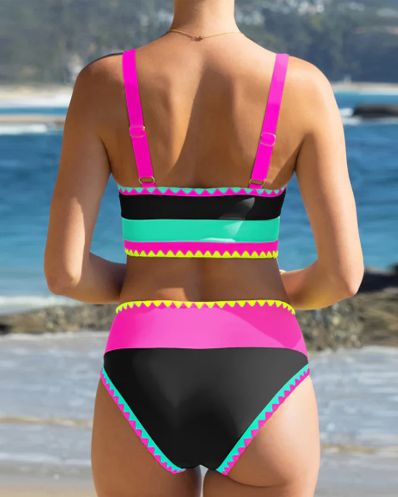 Color Contrast Patchwork Nylon Sporty 3 Piece Bikini Sets - Image 16