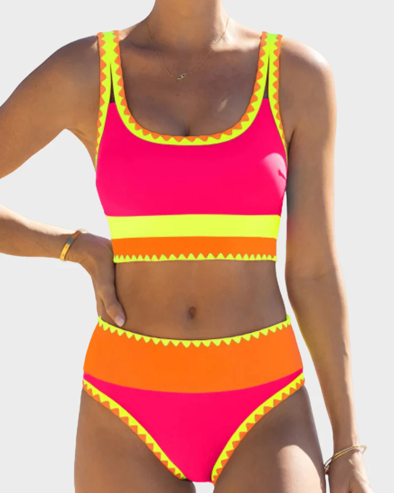 Color Contrast Patchwork Nylon Sporty 3 Piece Bikini Sets - Image 20