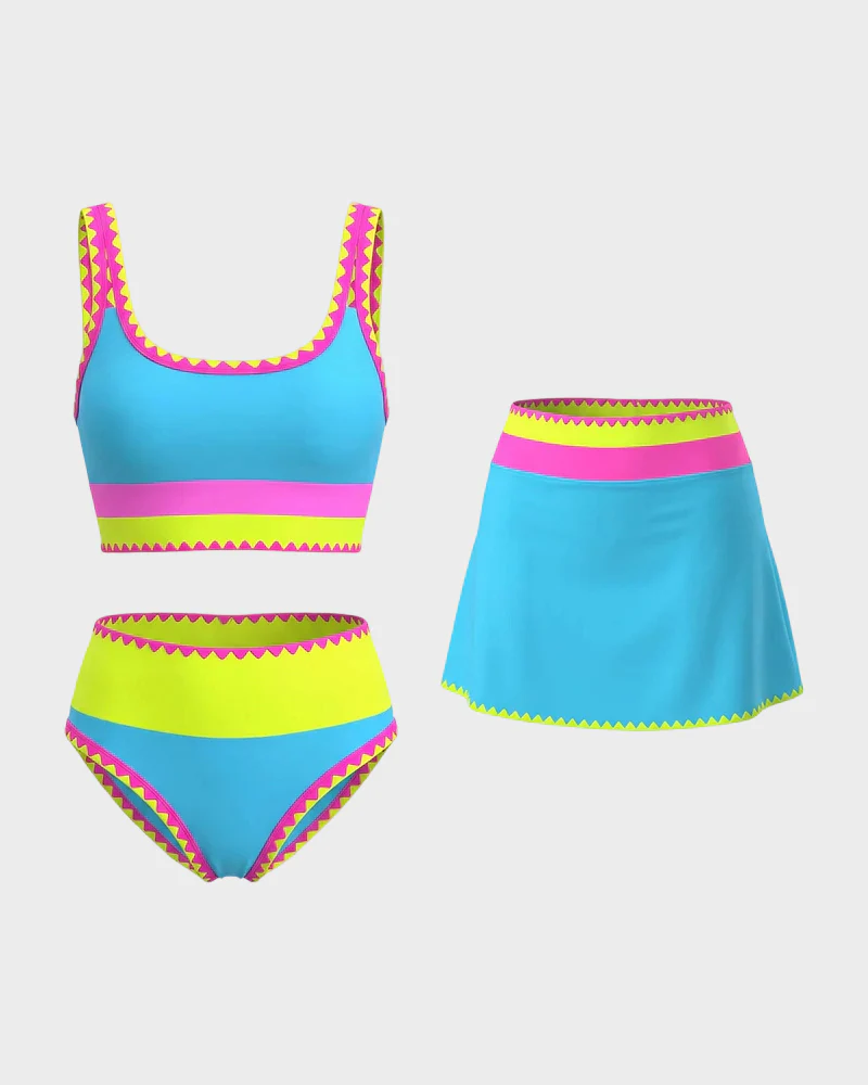 Color Contrast Patchwork Nylon Sporty 3 Piece Bikini Sets - Image 21