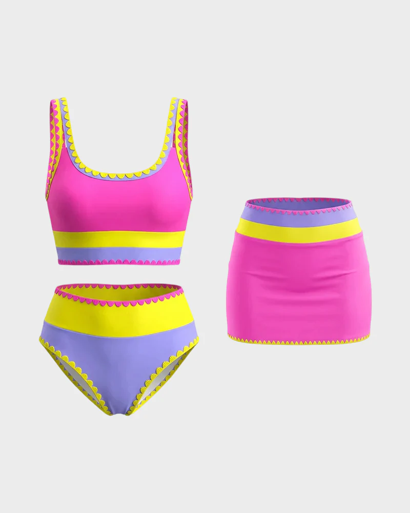 Color Contrast Patchwork Nylon Sporty 3 Piece Bikini Sets - Image 22