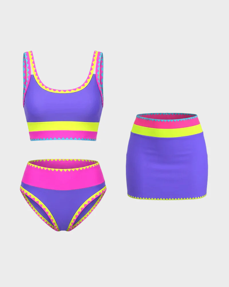 Color Contrast Patchwork Nylon Sporty 3 Piece Bikini Sets - Image 23