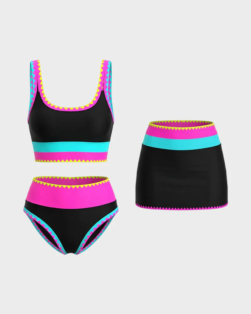 Color Contrast Patchwork Nylon Sporty 3 Piece Bikini Sets - Image 24
