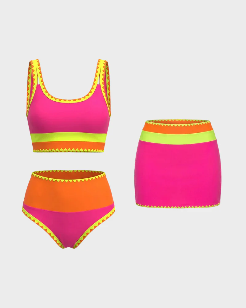 Color Contrast Patchwork Nylon Sporty 3 Piece Bikini Sets - Image 25