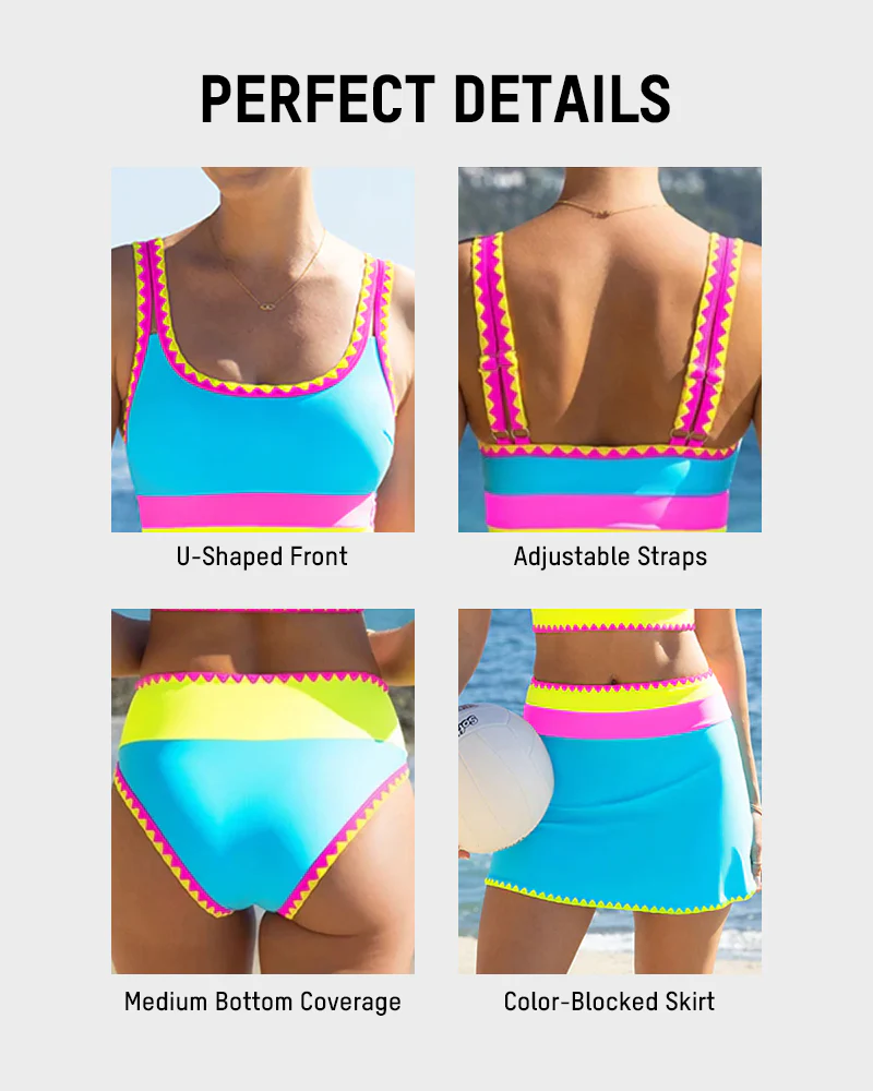 Color Contrast Patchwork Nylon Sporty 3 Piece Bikini Sets - Image 5