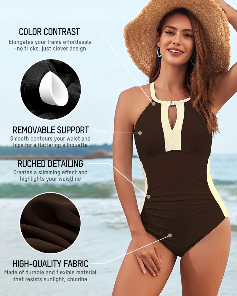 Full Coverage Retro Color Block Swimwear - Image 26