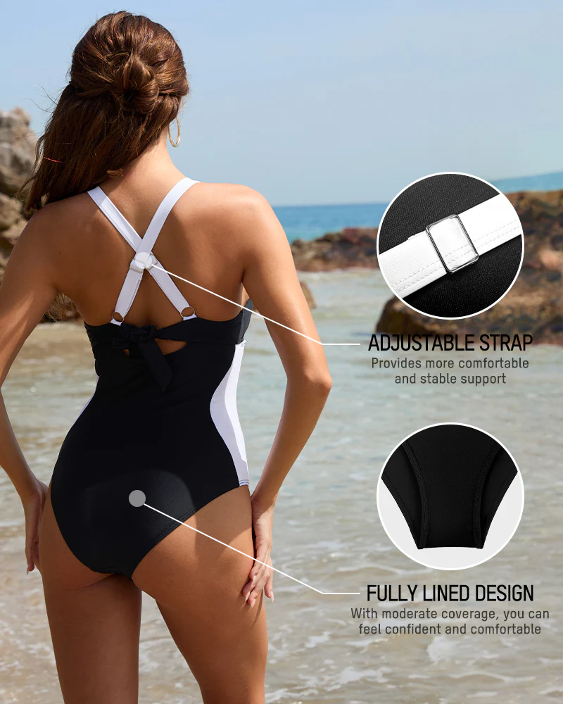 Full Coverage Retro Color Block Swimwear - Image 3