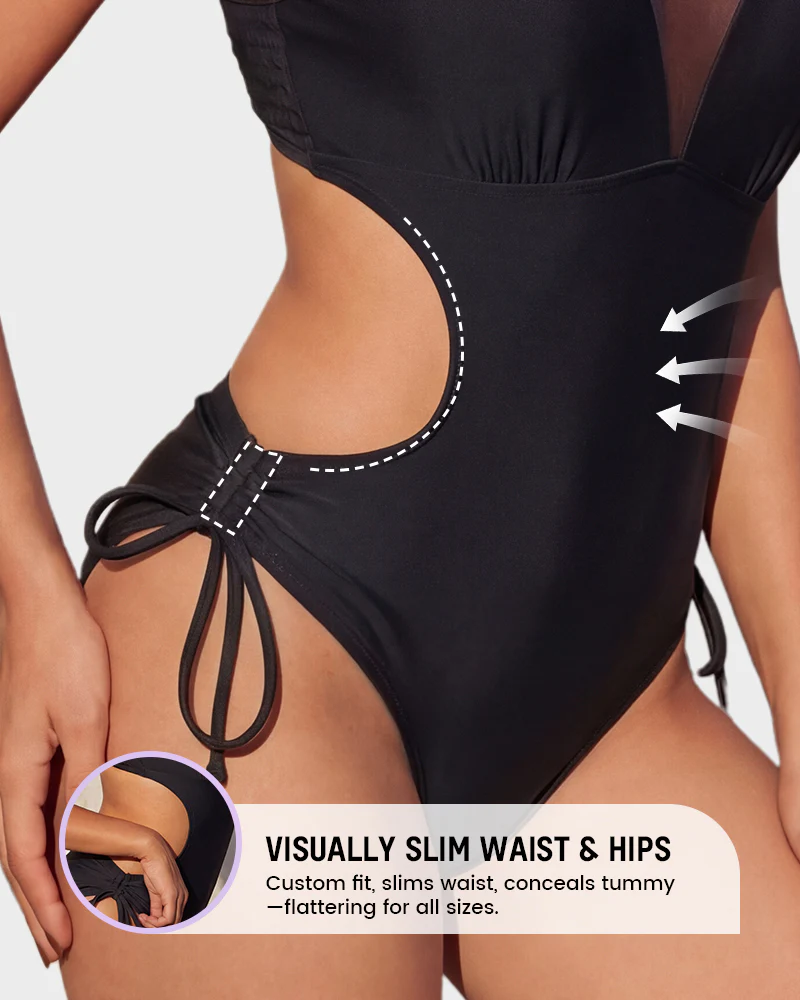 Mesh Sheer V-Neck One-Piece Swimsuit - Image 4