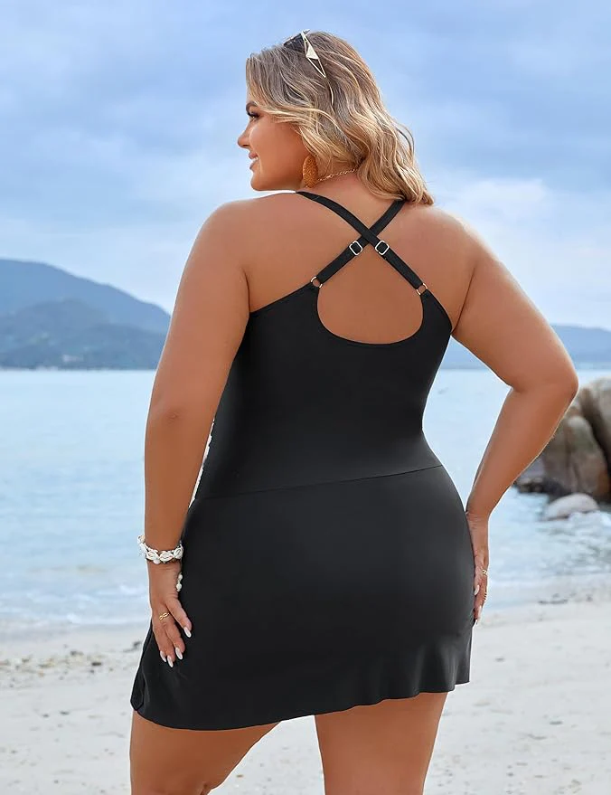 Plus Size One Piece Swim Dress Swimsuit Tummy Control Bathing Suits - Image 3