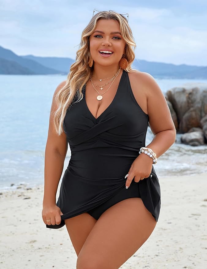 Plus Size One Piece Swim Dress Swimsuit Tummy Control Bathing Suits - Image 4