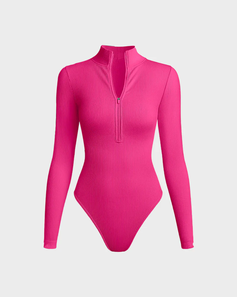 Ribbed Long Sleeve Half-Zip Shaping Bodysuit - Image 18