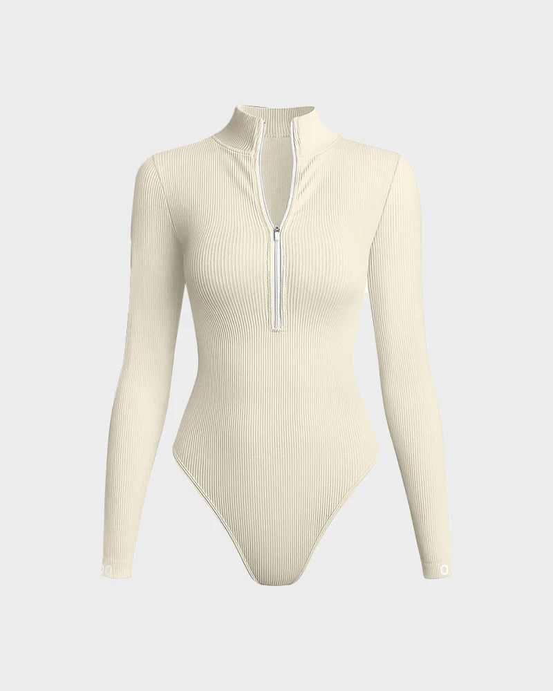 Ribbed Long Sleeve Half-Zip Shaping Bodysuit - Image 19