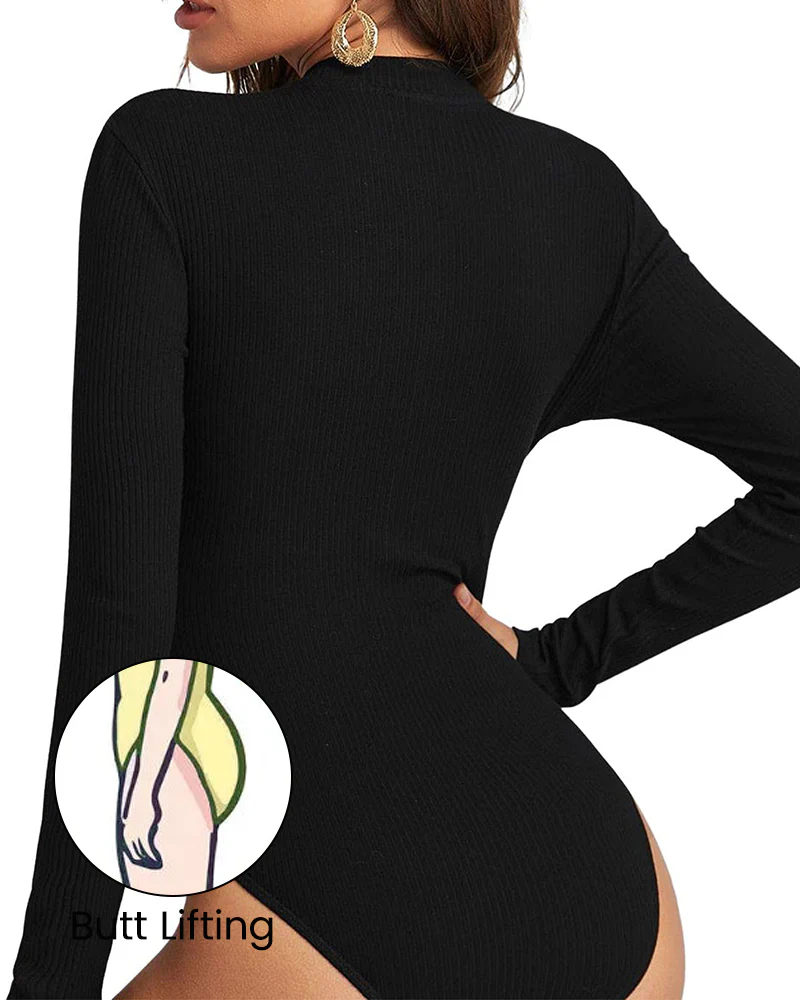 Ribbed Long Sleeve Half-Zip Shaping Bodysuit - Image 3